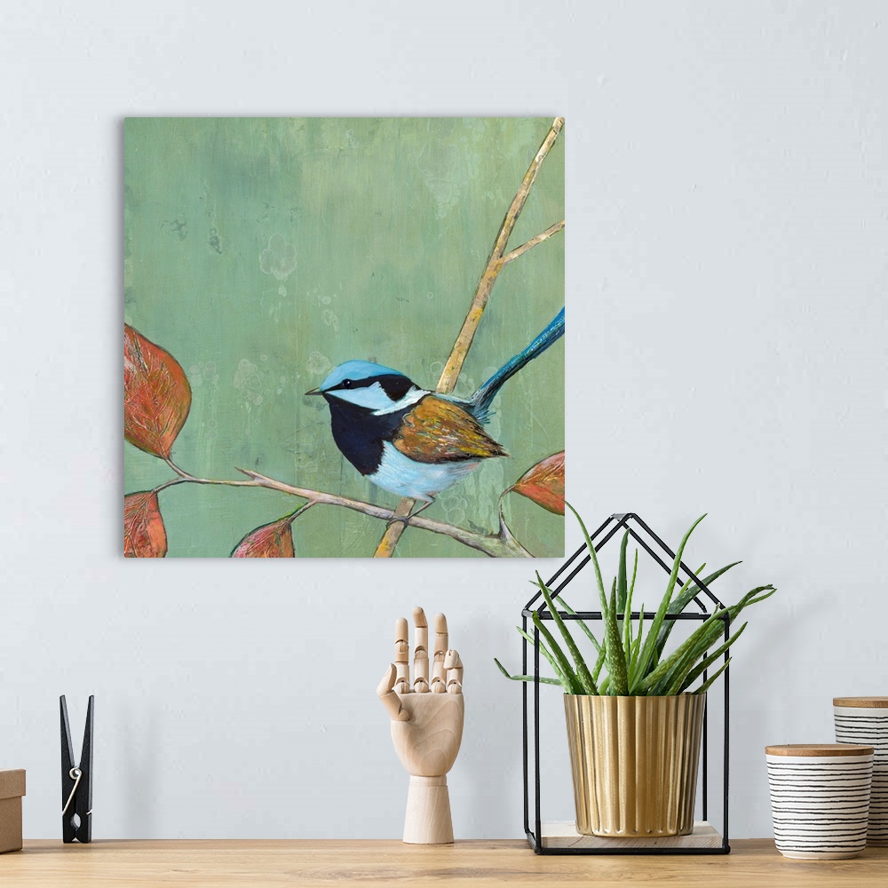 A bohemian room featuring A painting of a garden bird perched on a branch with fall leaves, against a green background.