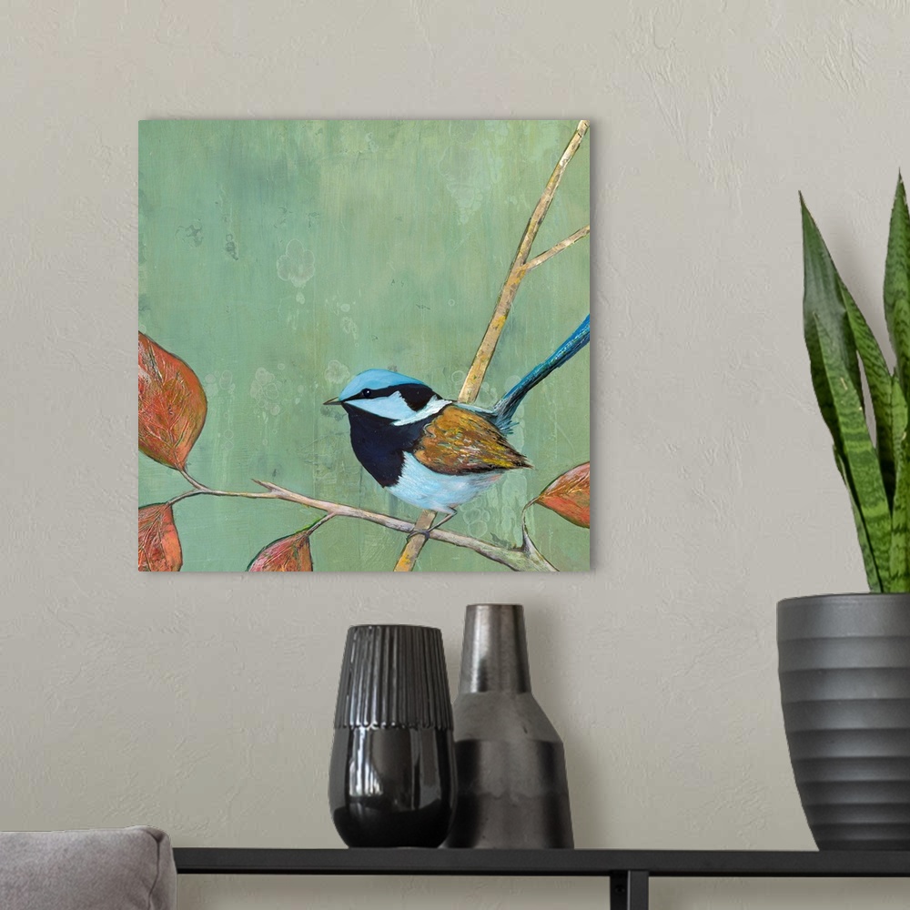 A modern room featuring A painting of a garden bird perched on a branch with fall leaves, against a green background.