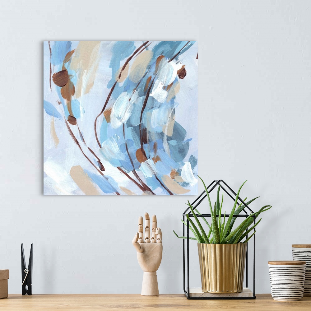 A bohemian room featuring Colorful contemporary abstract painting with short brushstrokes in various shades of blue and brown.