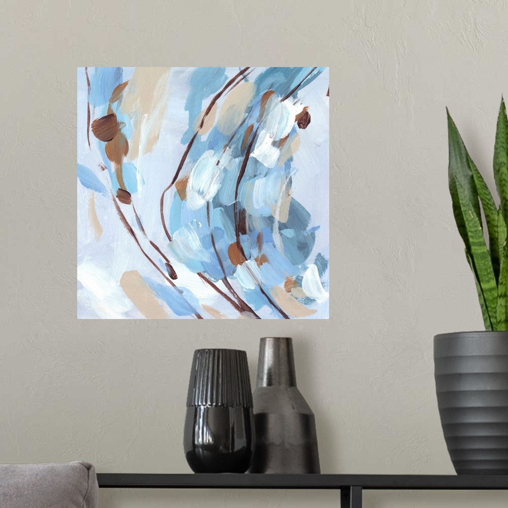 A modern room featuring Colorful contemporary abstract painting with short brushstrokes in various shades of blue and brown.