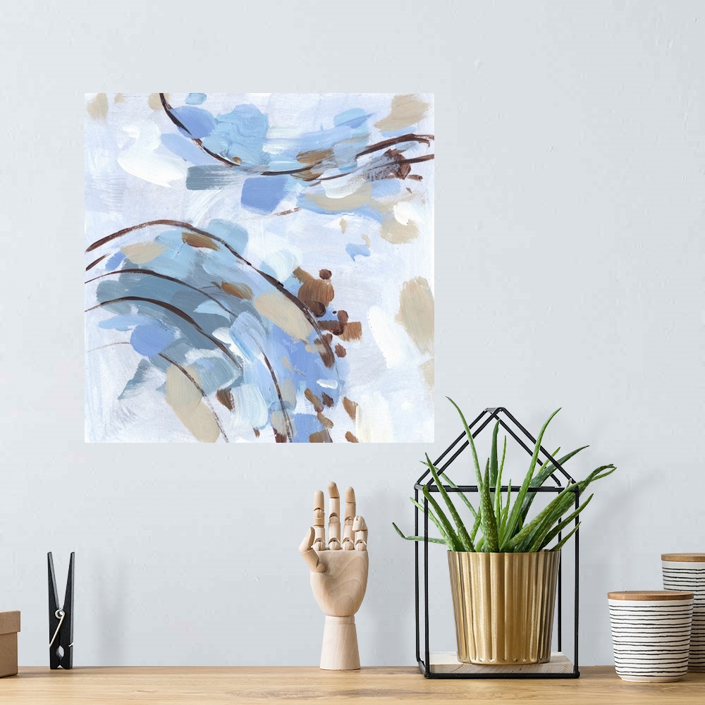 A bohemian room featuring Colorful contemporary abstract painting with short brushstrokes in various shades of blue and brown.