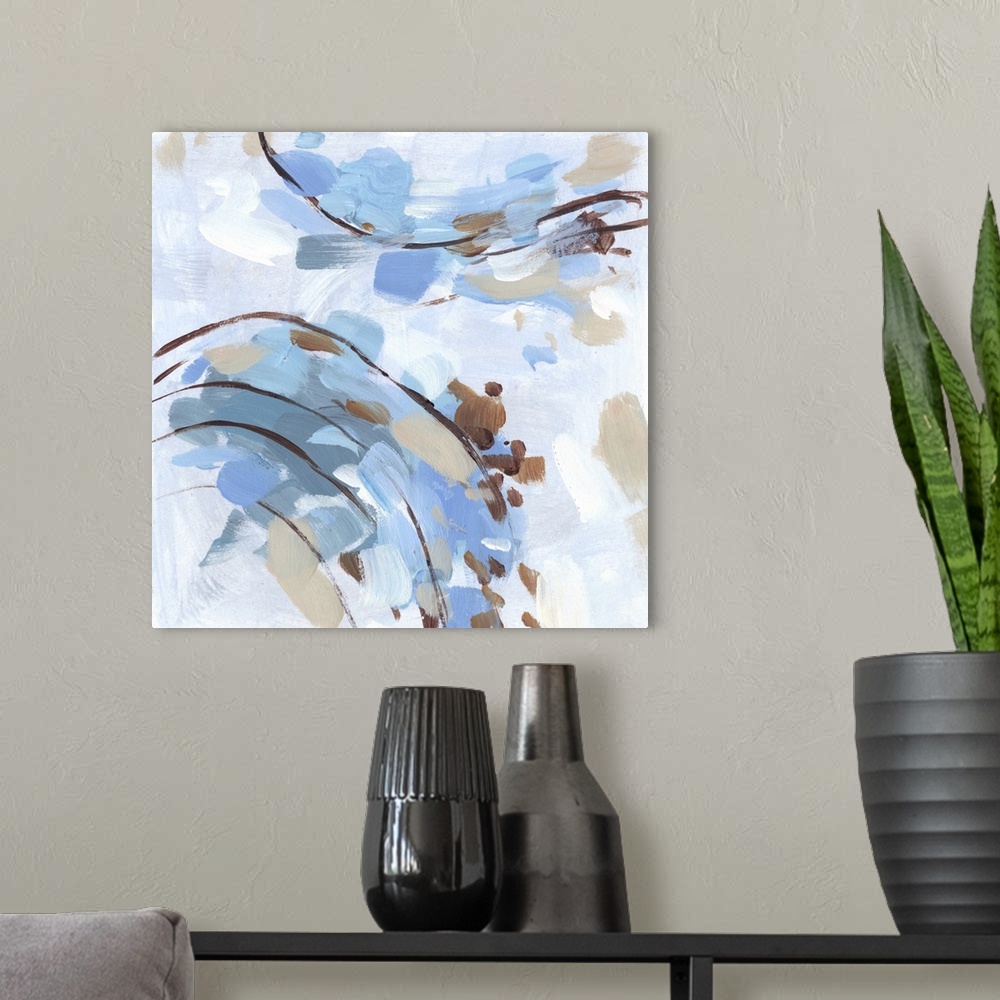 A modern room featuring Colorful contemporary abstract painting with short brushstrokes in various shades of blue and brown.