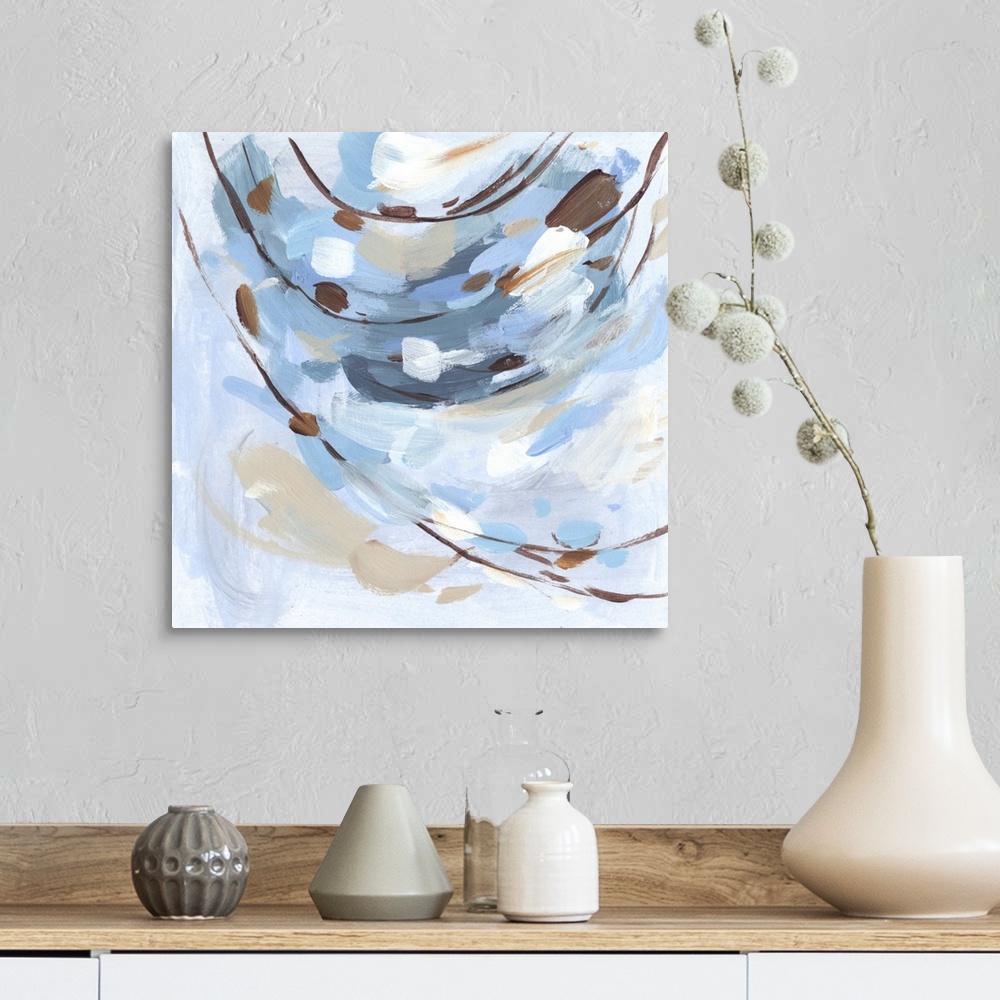 A farmhouse room featuring Colorful contemporary abstract painting with short brushstrokes in various shades of blue and brown.