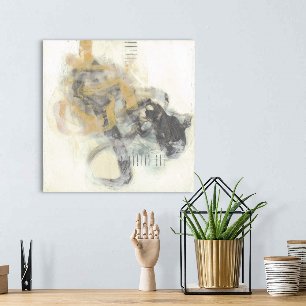 A bohemian room featuring Twisting brush strokes in yellow and gray dance with each other and is accompanied with hash mark...