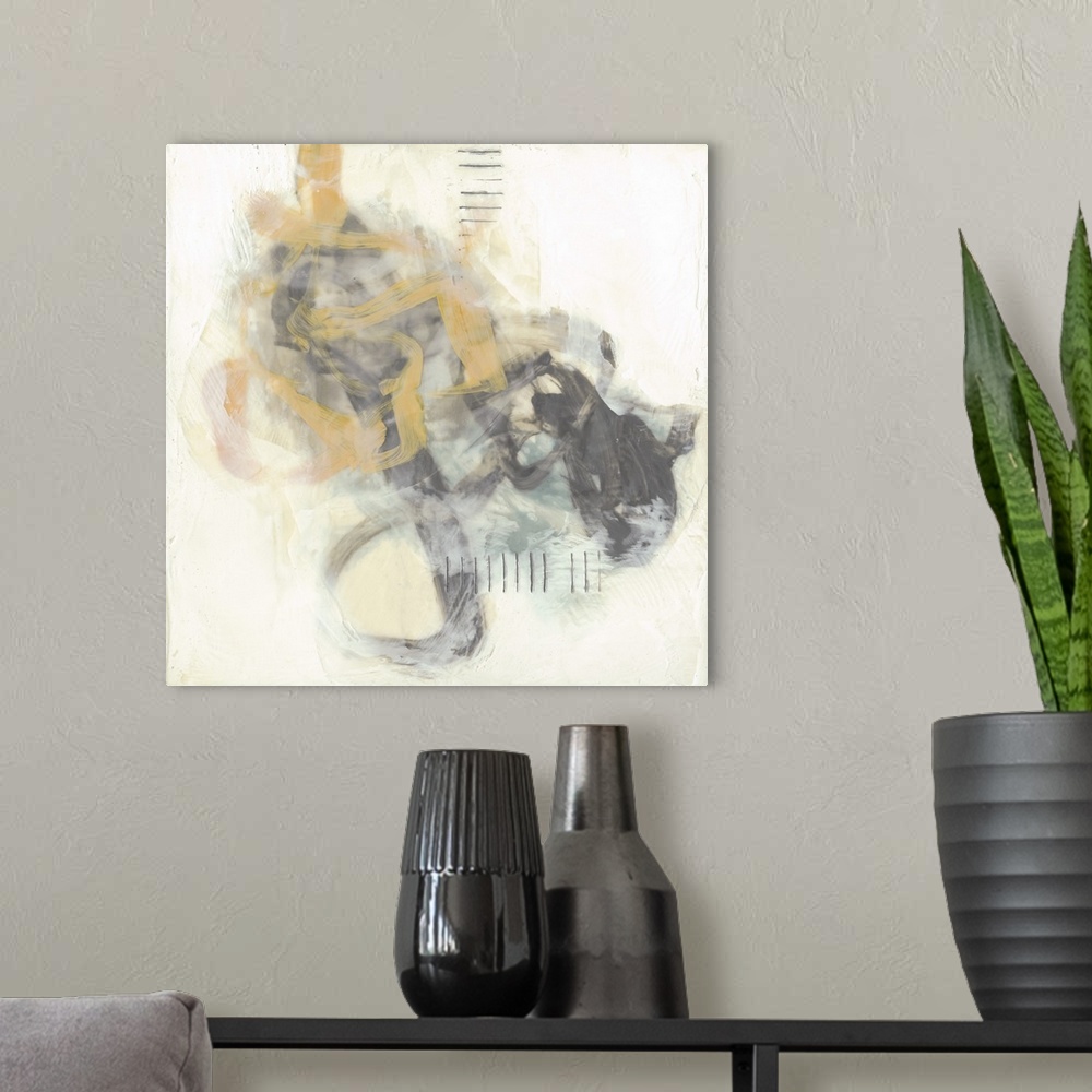 A modern room featuring Twisting brush strokes in yellow and gray dance with each other and is accompanied with hash mark...