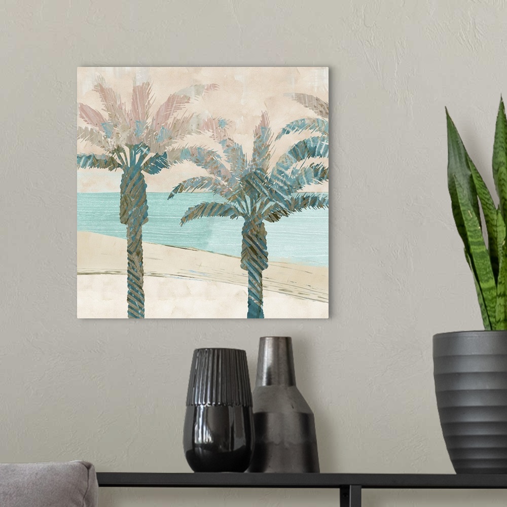 A modern room featuring Pastel palm trees painting.