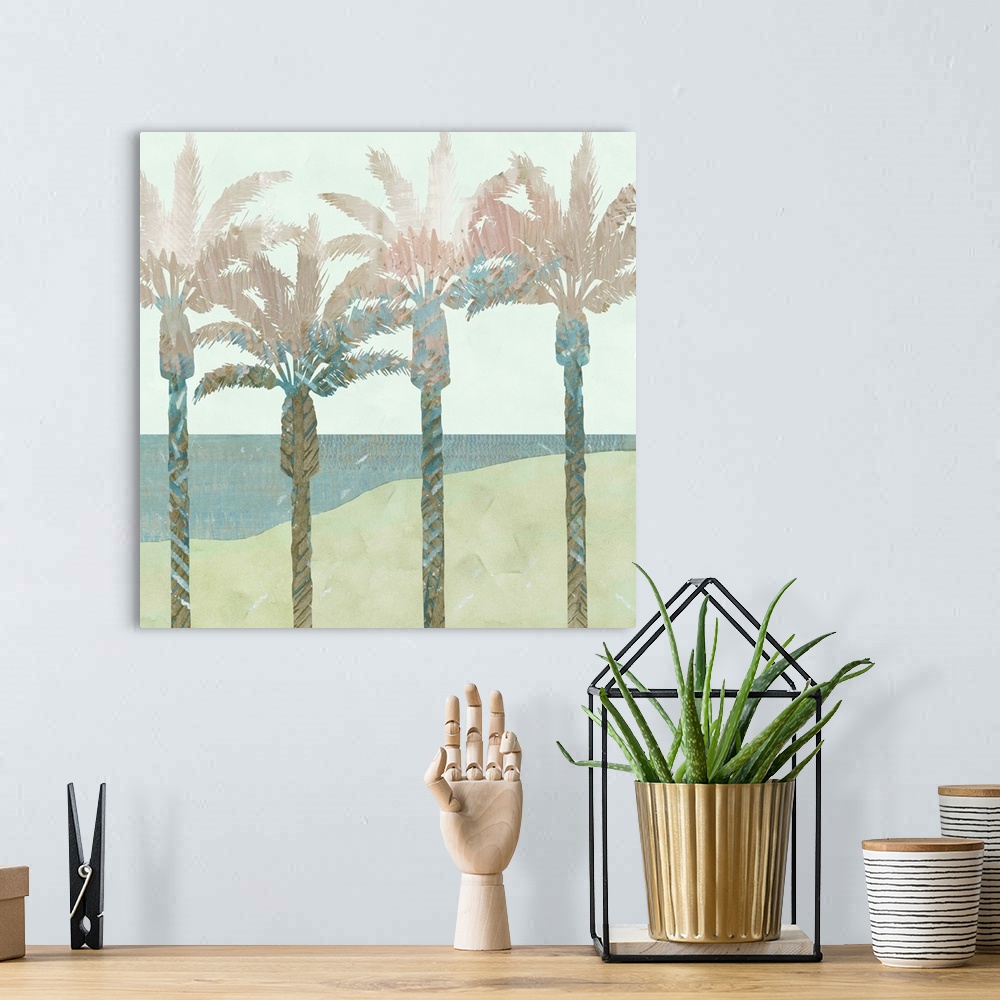 A bohemian room featuring Pastel palm trees painting.