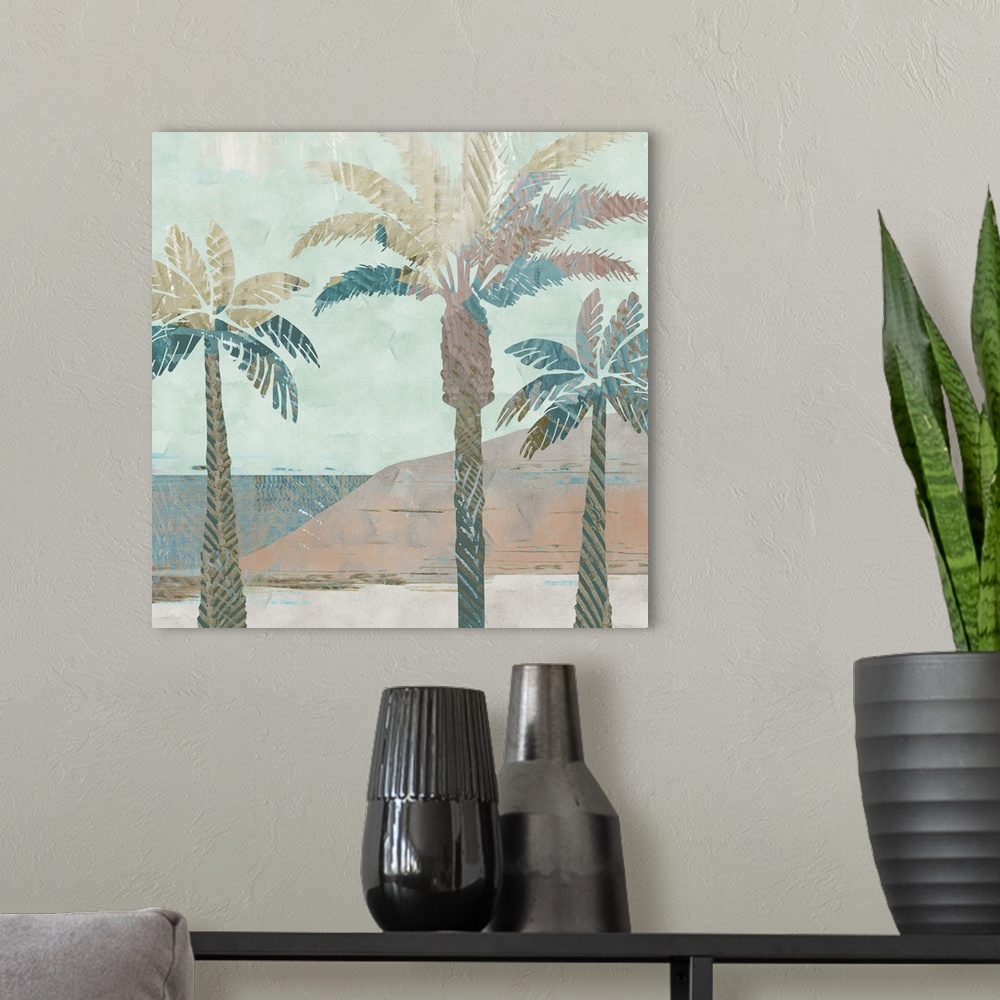 A modern room featuring Pastel palm trees painting.