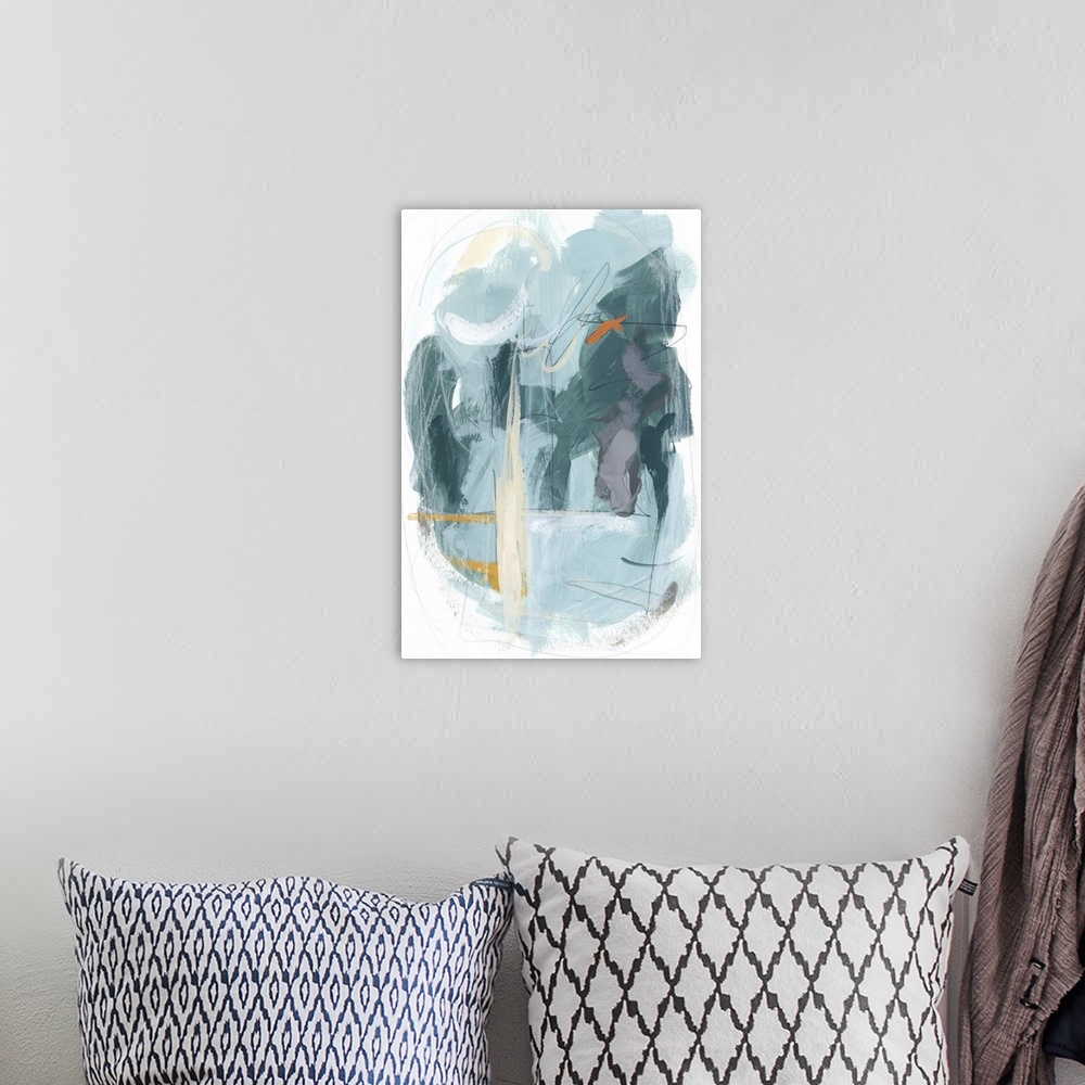 A bohemian room featuring Contemporary abstract artwork using various blue tones.
