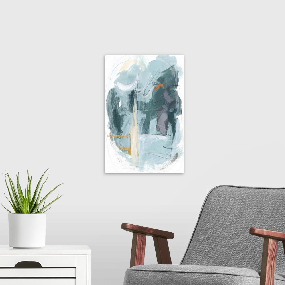 A modern room featuring Contemporary abstract artwork using various blue tones.