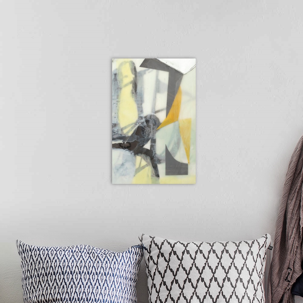 A bohemian room featuring Muted contemporary painting in yellow and grey, with soft, blurred edges.