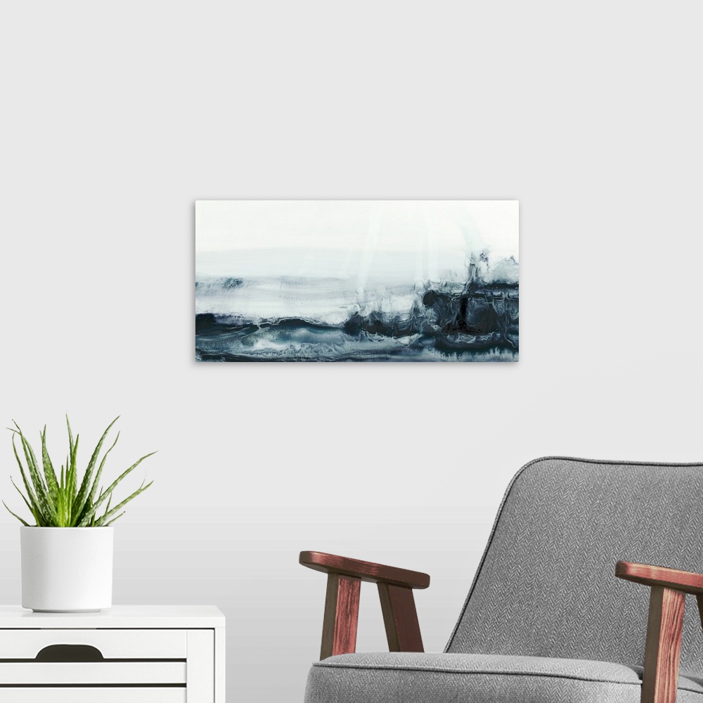 A modern room featuring This contemporary artwork illustrates the fluctuating deep blue sea with energetic brush strokes ...