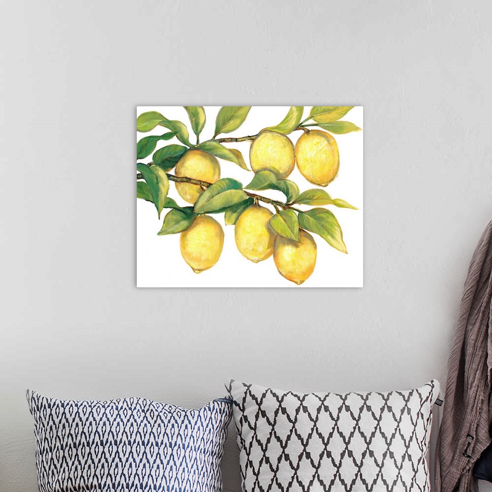 A bohemian room featuring Contemporary painting of ripe lemons hanging from a tree branch.