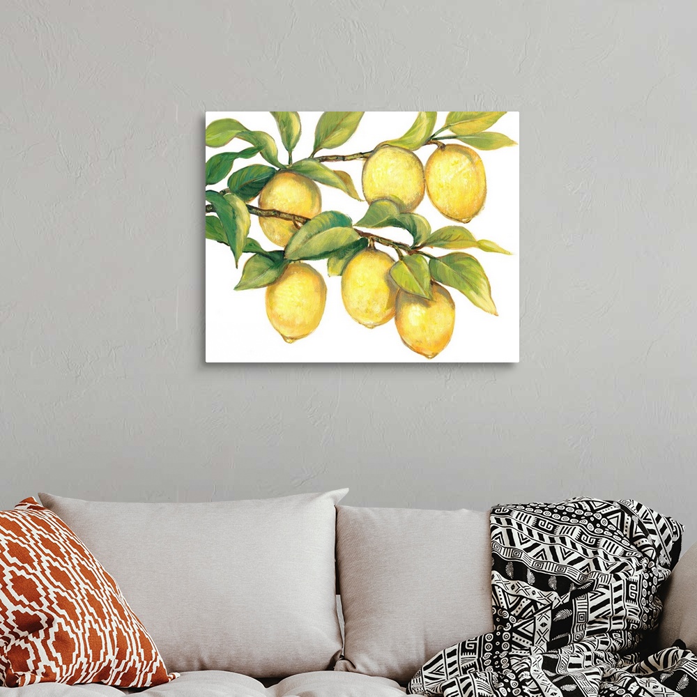 A bohemian room featuring Contemporary painting of ripe lemons hanging from a tree branch.