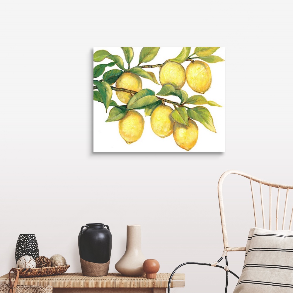 A farmhouse room featuring Contemporary painting of ripe lemons hanging from a tree branch.