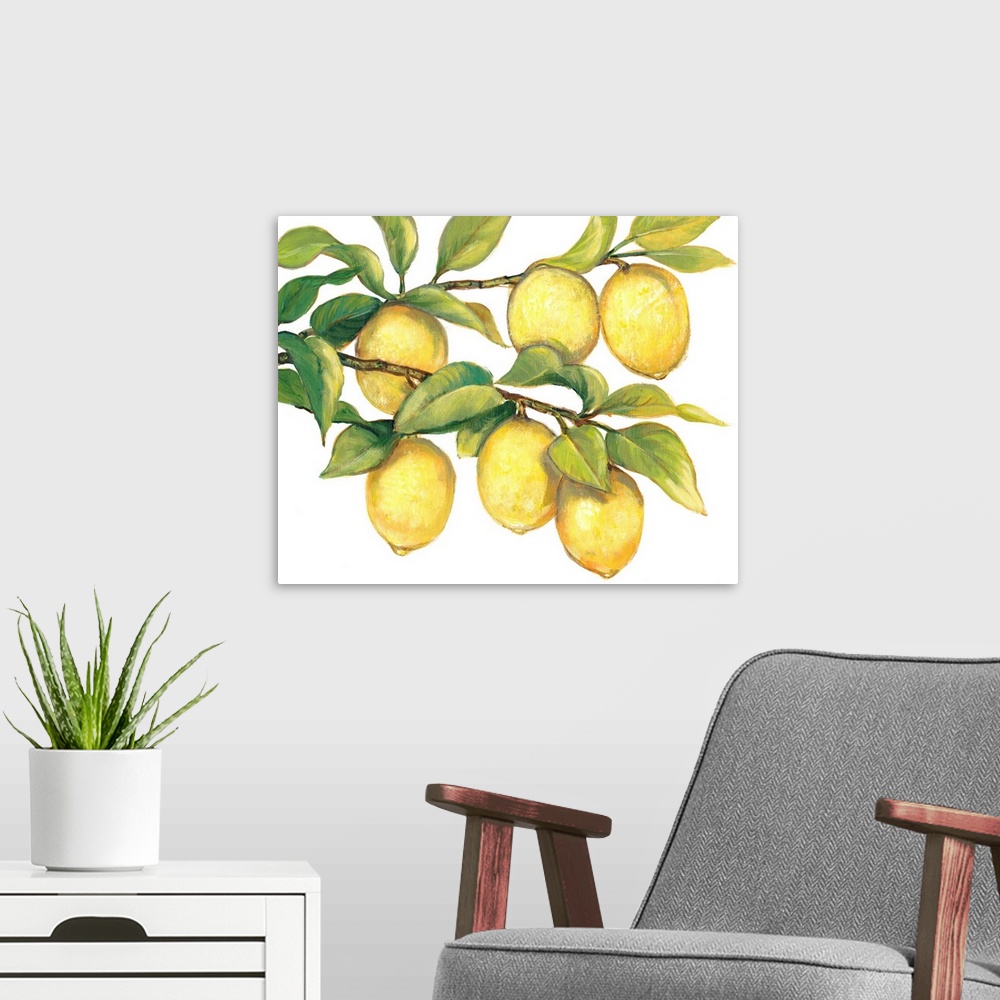 A modern room featuring Contemporary painting of ripe lemons hanging from a tree branch.