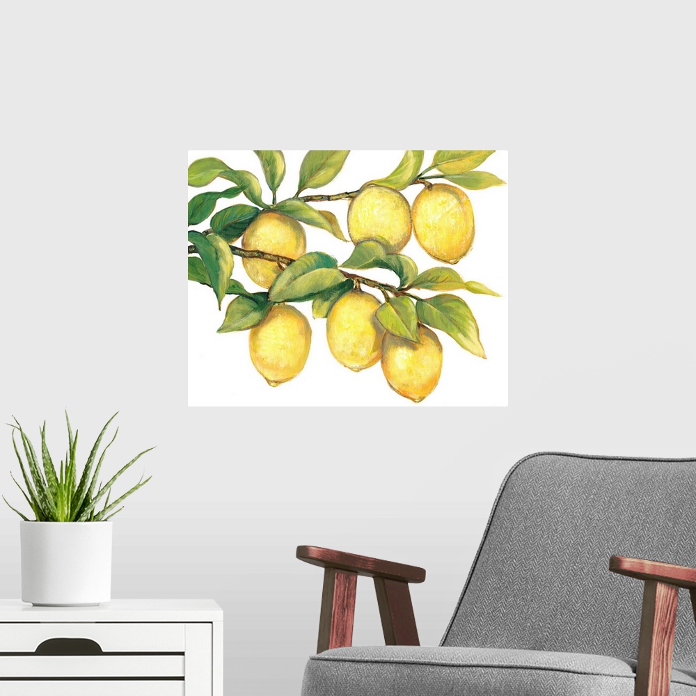 A modern room featuring Contemporary painting of ripe lemons hanging from a tree branch.