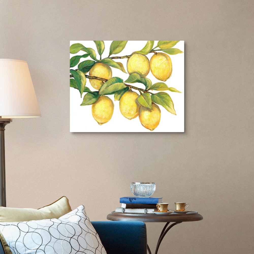 A traditional room featuring Contemporary painting of ripe lemons hanging from a tree branch.