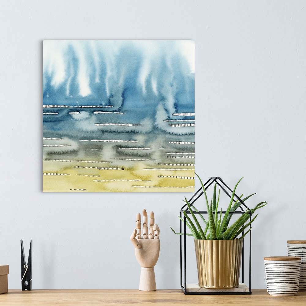 A bohemian room featuring Square abstract painting with yellow and blue hues resembling mist rising to the top of the canva...