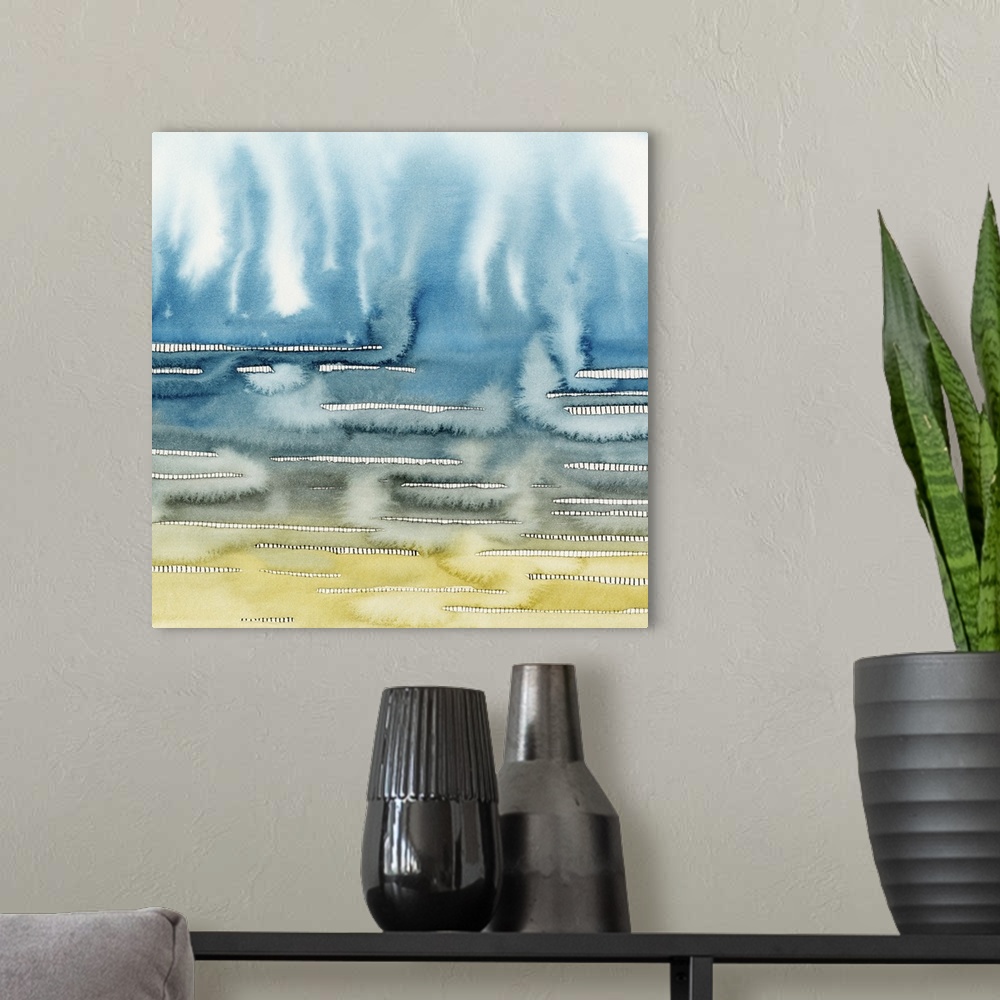 A modern room featuring Square abstract painting with yellow and blue hues resembling mist rising to the top of the canva...