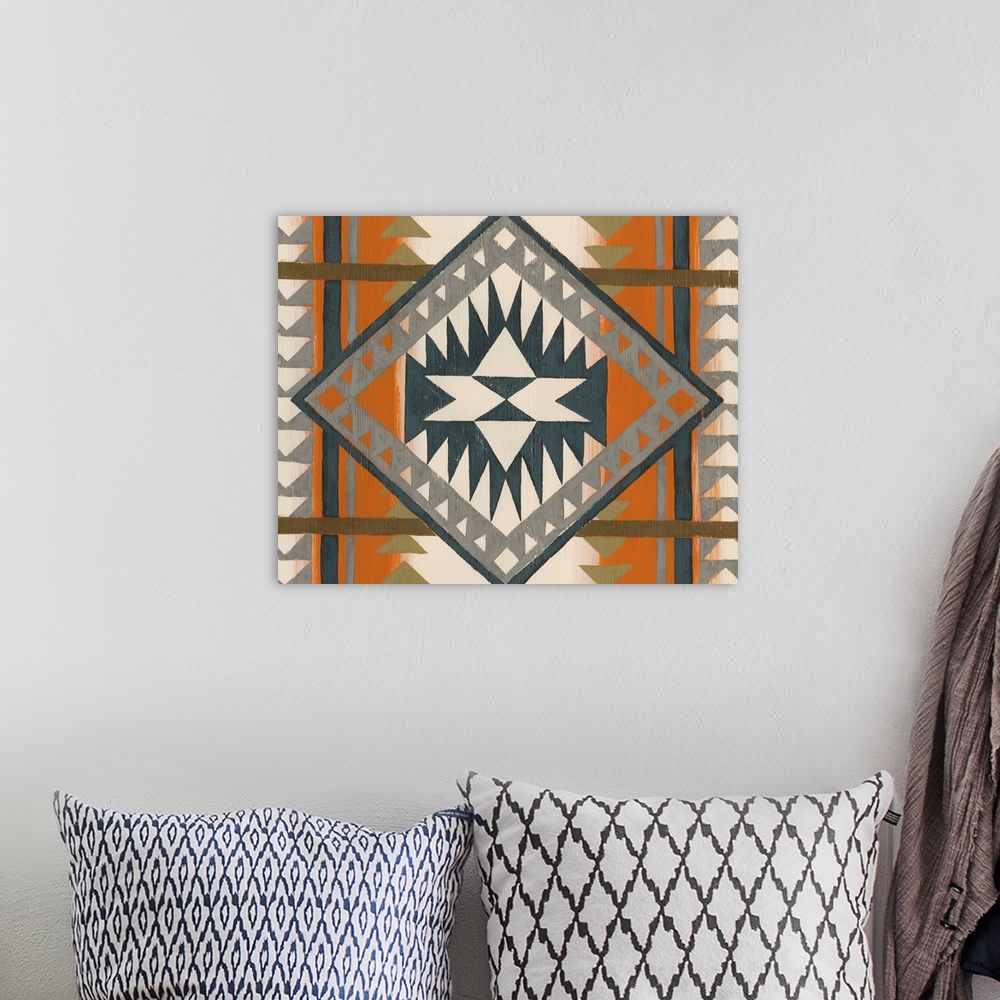 A bohemian room featuring Contemporary pattern artwork using southwestern designs.