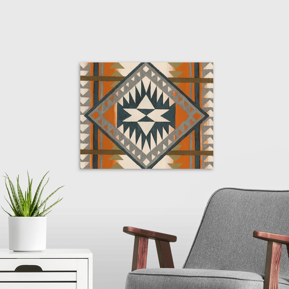 A modern room featuring Contemporary pattern artwork using southwestern designs.