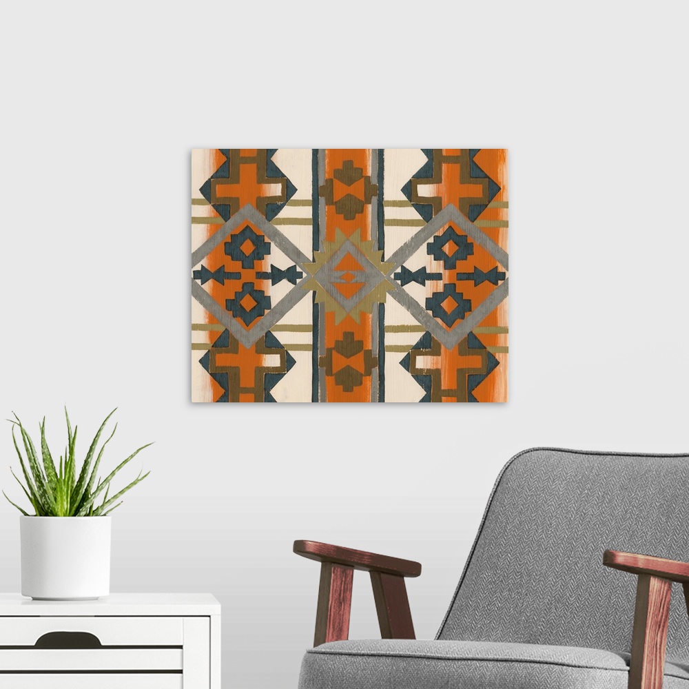 A modern room featuring Contemporary pattern artwork using southwestern designs.