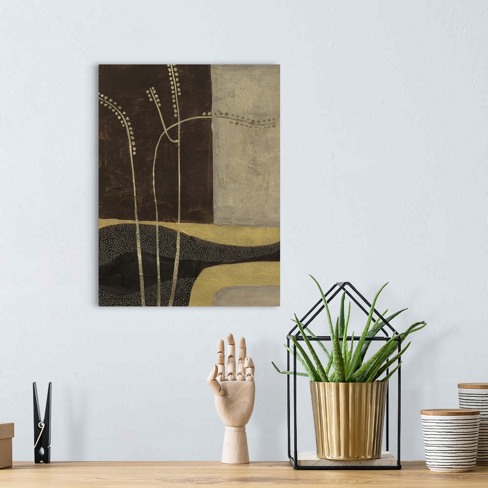 A bohemian room featuring Mid-century inspired contemporary abstract painting using pale tones and organic forms.