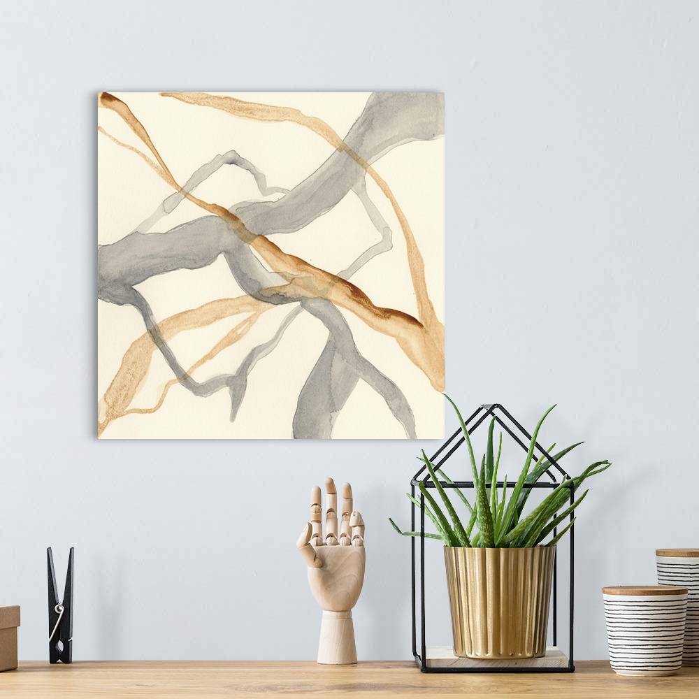 A bohemian room featuring Contemporary abstract painting using neutral pale tones resembling veins running through marble.