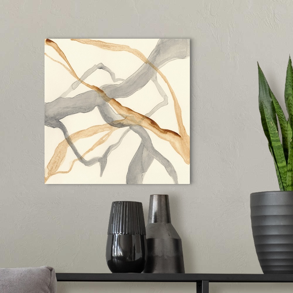 A modern room featuring Contemporary abstract painting using neutral pale tones resembling veins running through marble.
