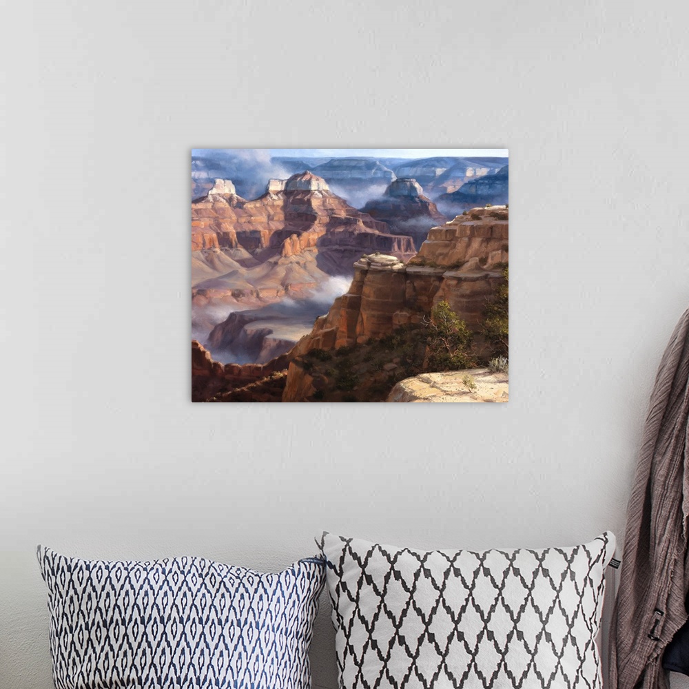 A bohemian room featuring Contemporary artwork of lively brush strokes that create a serene rock canyon landscape.