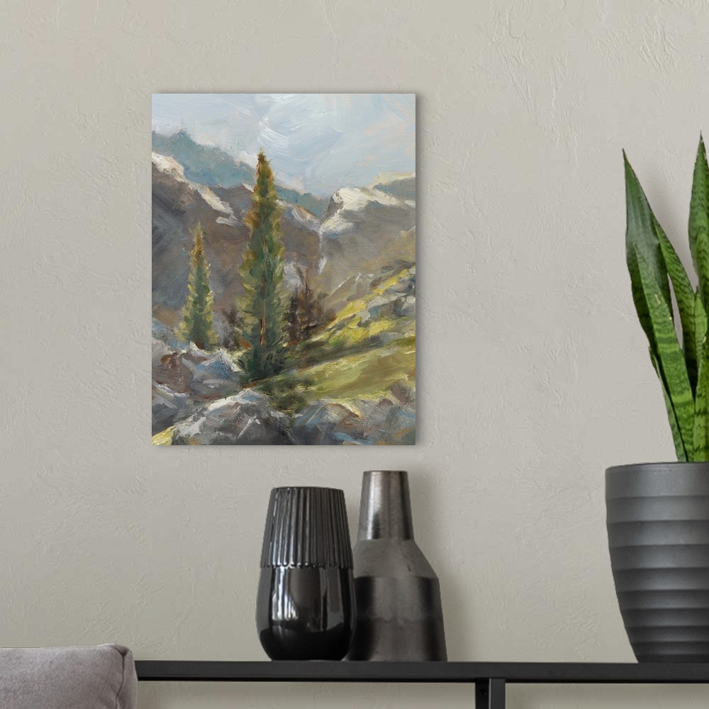 A modern room featuring Contemporary painting of a rocky mountainous scene.