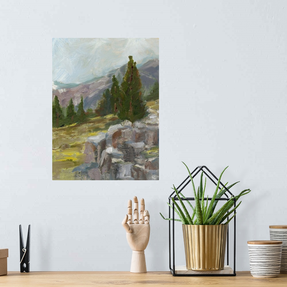 A bohemian room featuring Contemporary painting of a rocky mountainous scene.