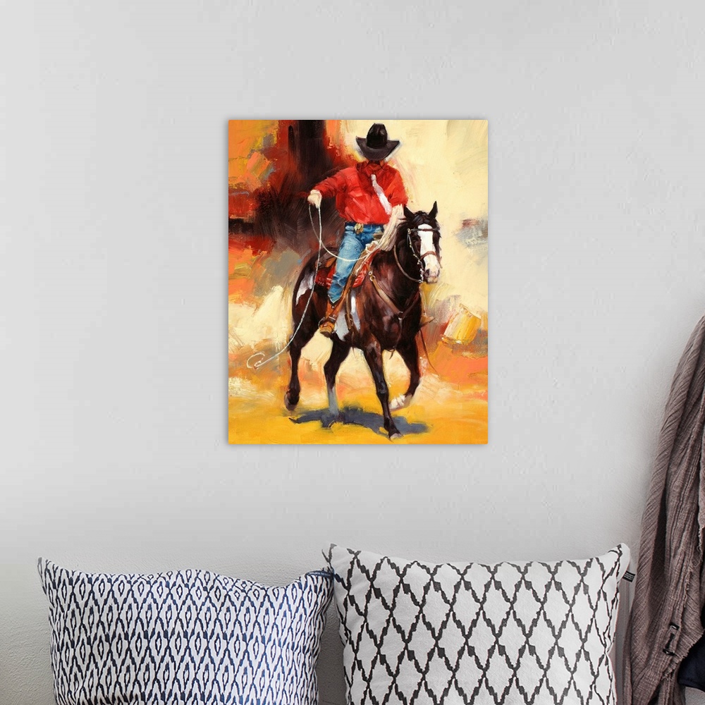 A bohemian room featuring This vertical contemporary painting shows a mustached cowboy riding on a horse performing tricks ...
