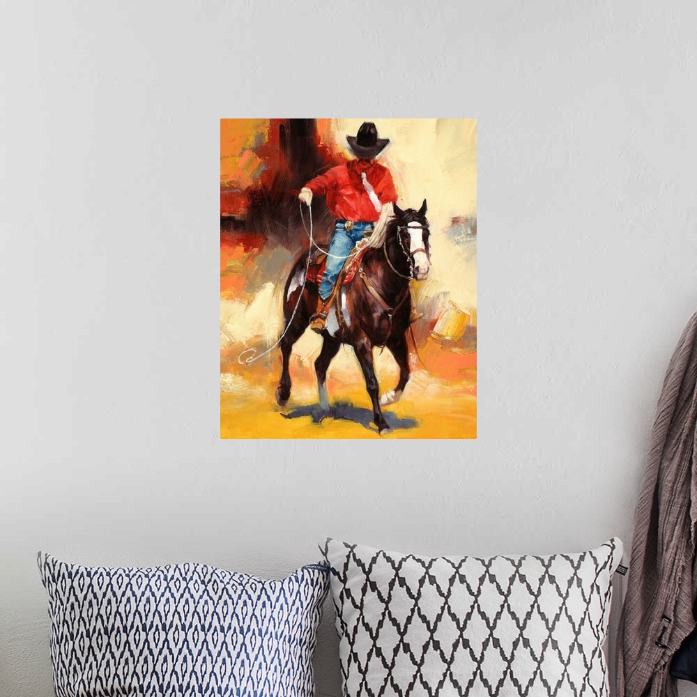 A bohemian room featuring This vertical contemporary painting shows a mustached cowboy riding on a horse performing tricks ...