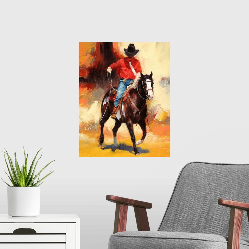 A modern room featuring This vertical contemporary painting shows a mustached cowboy riding on a horse performing tricks ...