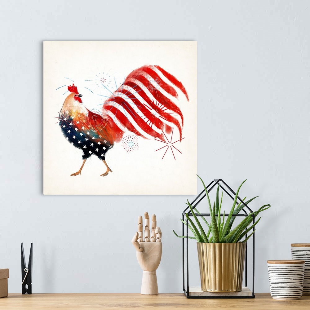 A bohemian room featuring An artistic image of a rooster with an American flag design and firework shapes overlapping.