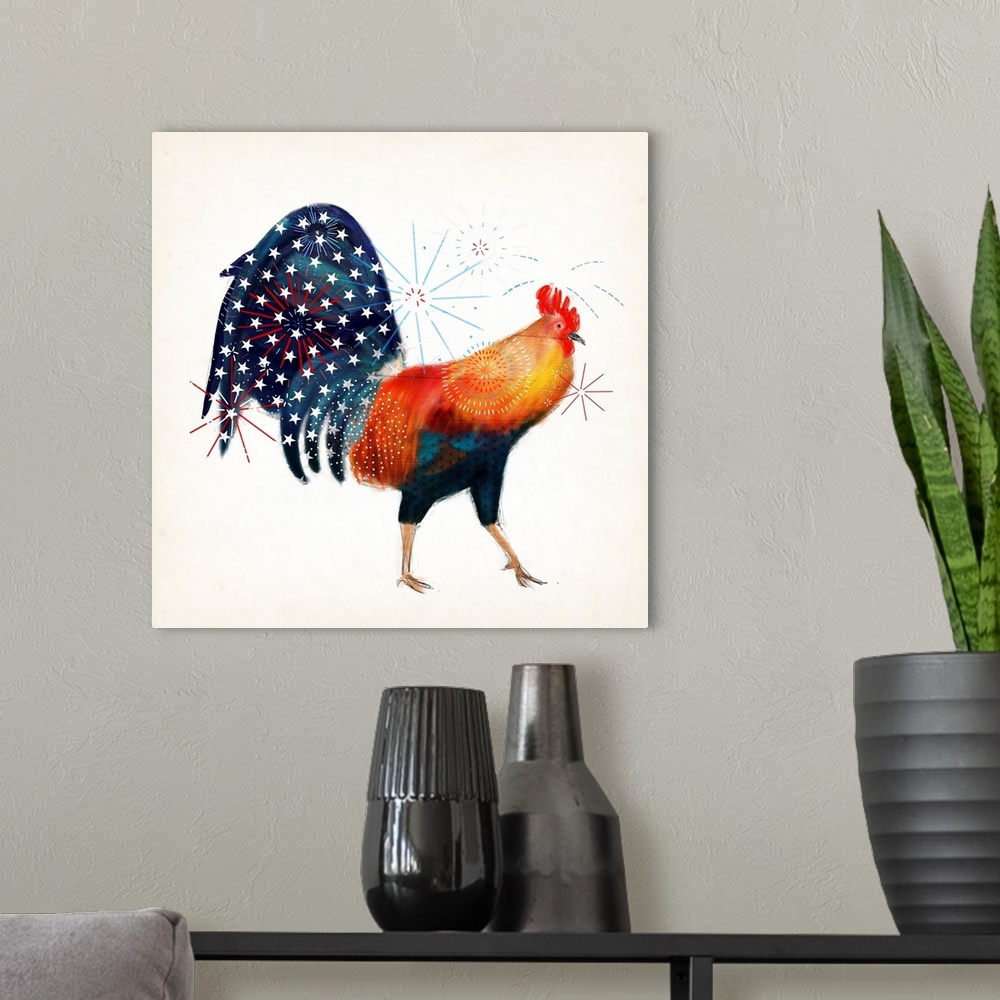 A modern room featuring An artistic image of a rooster with an star design on his tail and firework shapes overlapping.