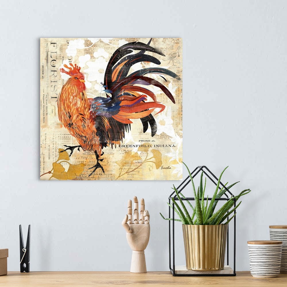 A bohemian room featuring Contemporary home decor artwork of a rooster with a colorful plumage, against an abstract backgro...