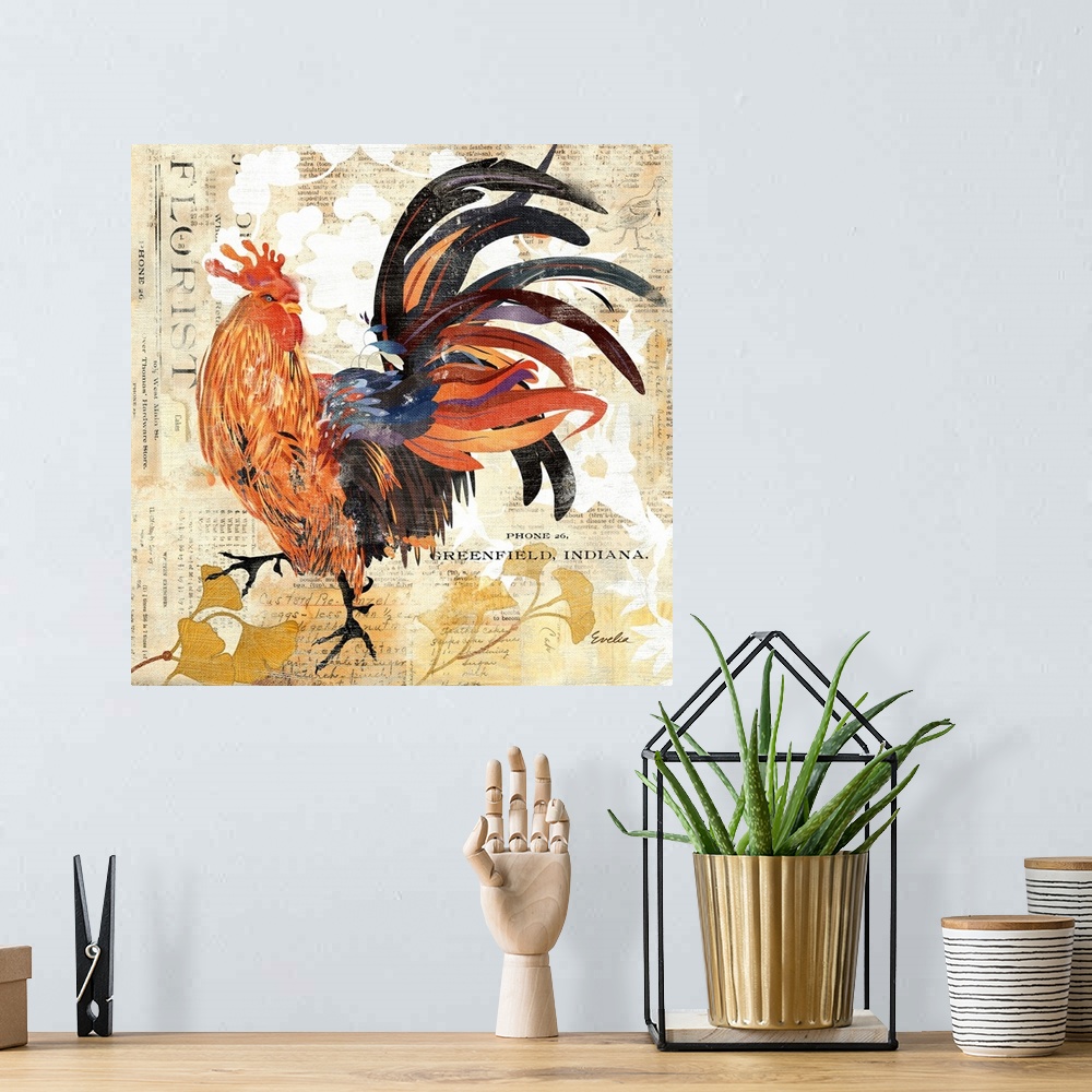 A bohemian room featuring Contemporary home decor artwork of a rooster with a colorful plumage, against an abstract backgro...
