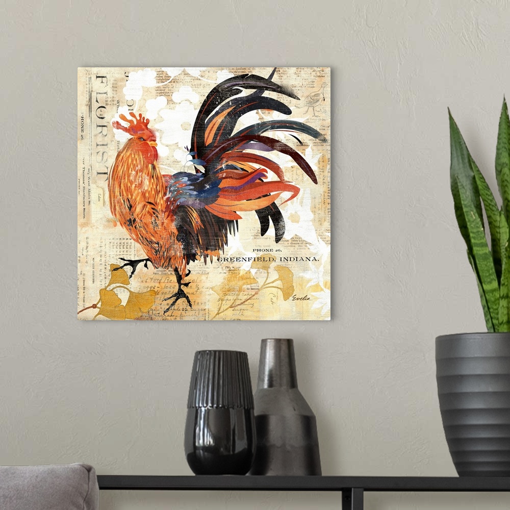 A modern room featuring Contemporary home decor artwork of a rooster with a colorful plumage, against an abstract backgro...