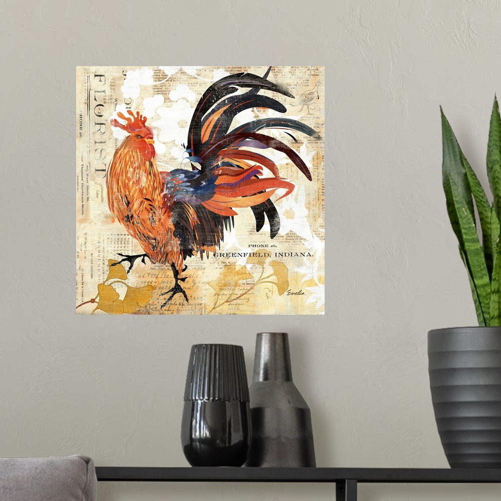 A modern room featuring Contemporary home decor artwork of a rooster with a colorful plumage, against an abstract backgro...