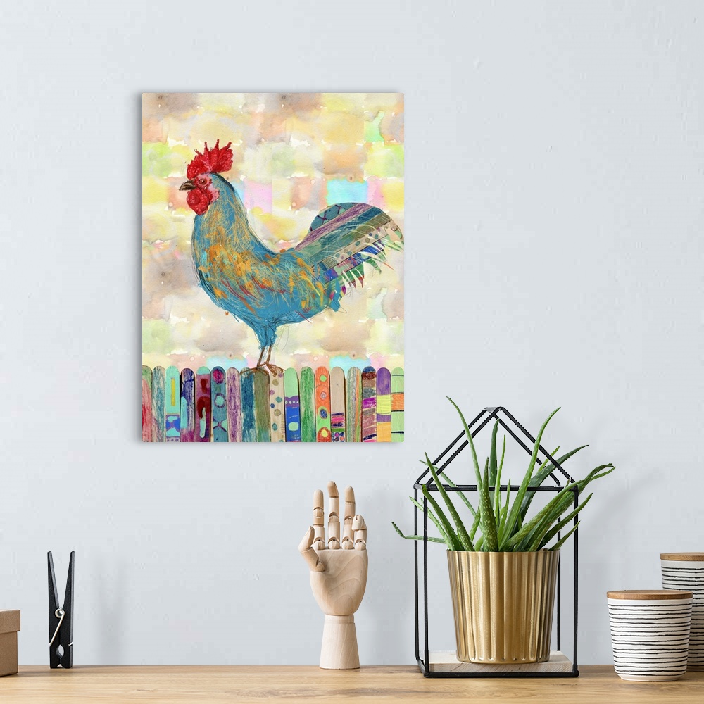 A bohemian room featuring Rooster on a Fence II
