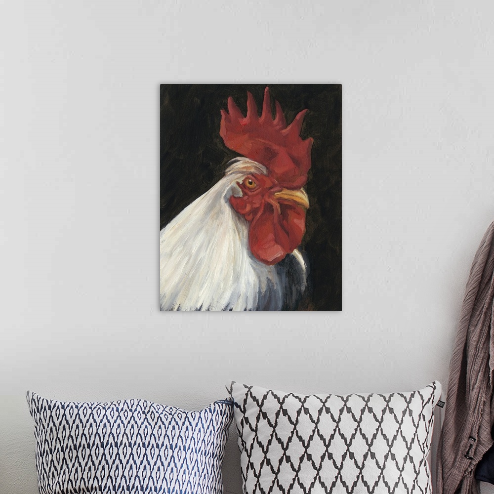 A bohemian room featuring Contemporary painting of a white rooster on a dark background.