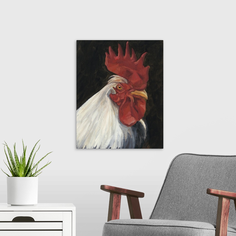 A modern room featuring Contemporary painting of a white rooster on a dark background.