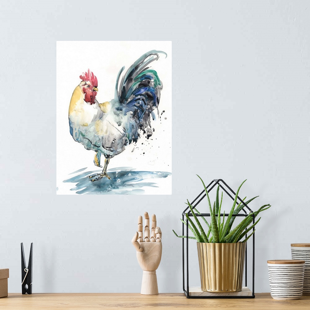 A bohemian room featuring Contemporary watercolor painting of a rooster splashing in a puddle.