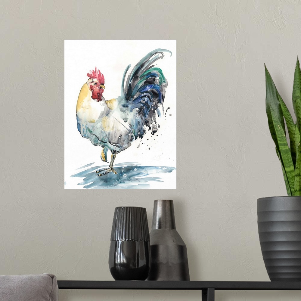 A modern room featuring Contemporary watercolor painting of a rooster splashing in a puddle.
