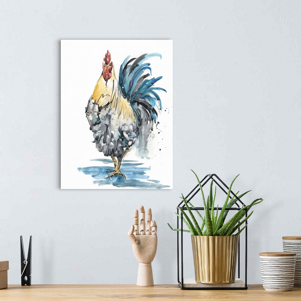 A bohemian room featuring Contemporary watercolor painting of a rooster splashing in a puddle.