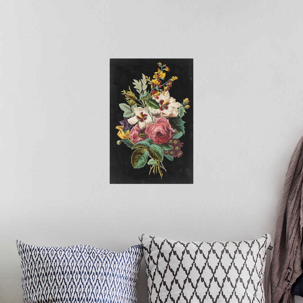 A bohemian room featuring Vintage stylized floral bouquet in an illustrative style, against a black background.