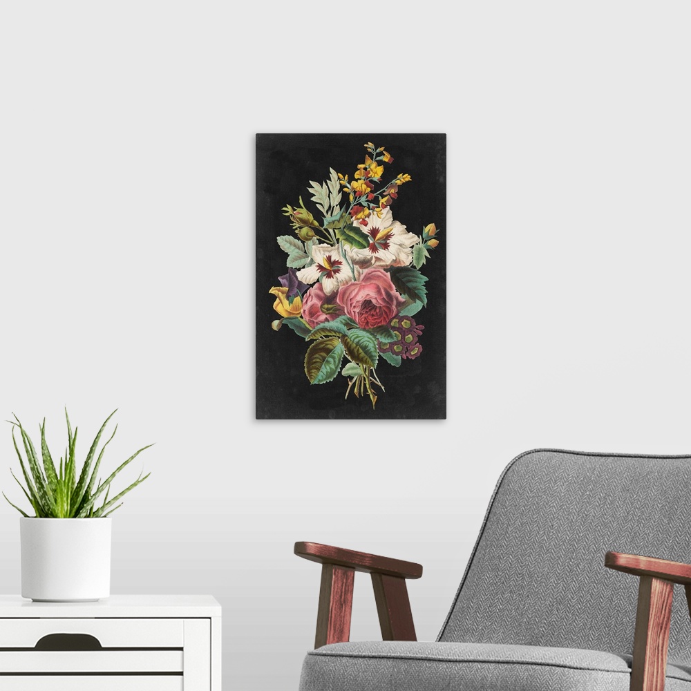A modern room featuring Vintage stylized floral bouquet in an illustrative style, against a black background.
